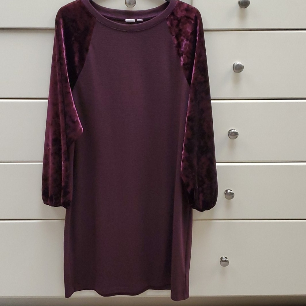Gap sweater dress with crushed velvet sleeves.